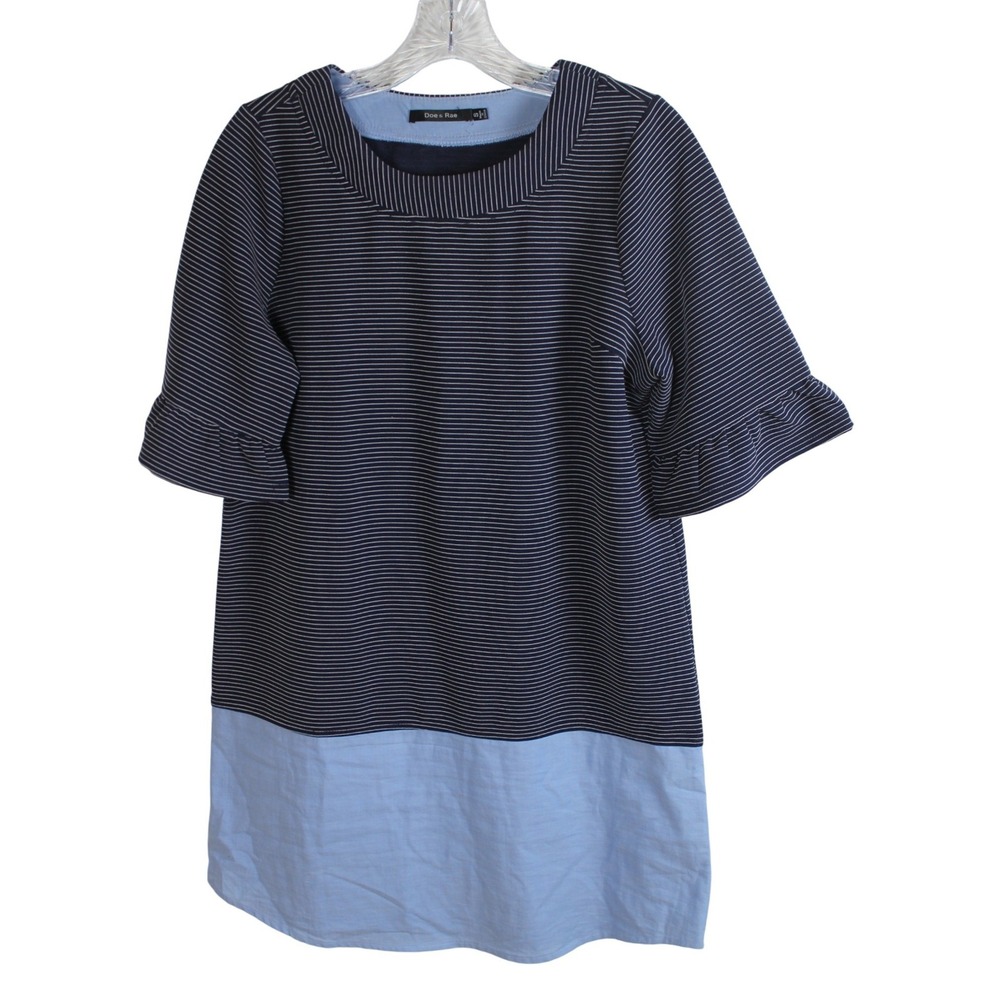 Doe & Rae Striped Tunic Dress Ruffle Sleeves and Button Detail Light Blue Size S